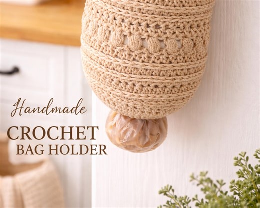 Handmade Crochet Plastic Bag Holder Neutral Kitchen Organizer With Leather Strap Farmhouse Hanging Grocery - Etsy