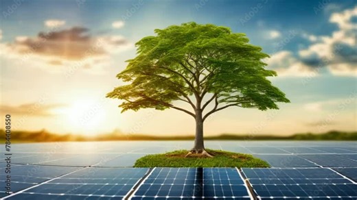 A young, vibrant tree sprouting from the center of a field of solar panels, symbolizing the growth of renewable energy and a sustainable future with zero carbon emissions