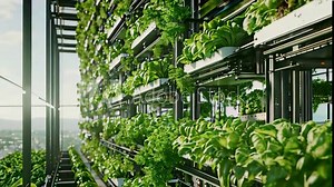 Explore sustainable vertical farming methods in a modern greenhouse filled with lush greenery and innovative growth technology