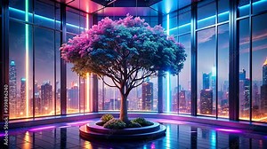 Tree in a Modern Skyscraper with City View at Night.