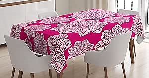 Ambesonne Hot Pink Tablecloth, White Floral Design Ornate Mandala Inspired Round Motifs Traditional Pattern, Dining Room Kitchen Rectangular Table Cover, 52" X 70", Hot Pink White