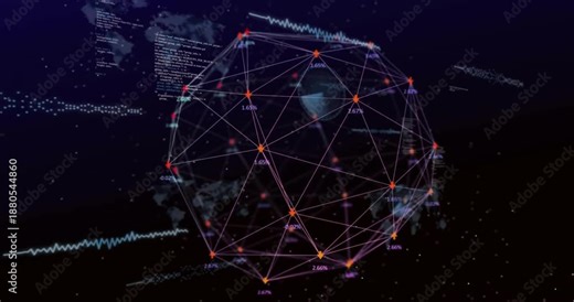 On start geodesic sphere rotating as waveforms, code blocks and dials sliding representing network