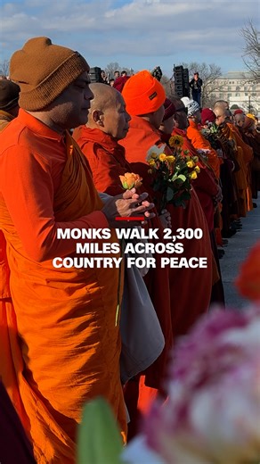 Buddhist monks finished their 2,300-mile Walk for Peace from Texas to Washington, DC. Hundreds of people gathered at the concluding ceremony on the National Mall with flowers to say goodbye. CNN's Kit Maher reports from the event. | CNN