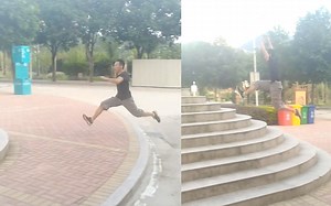 福建男子秀惊人弹跳一步十台阶，满脸轻松路人看呆：这是要起飞！