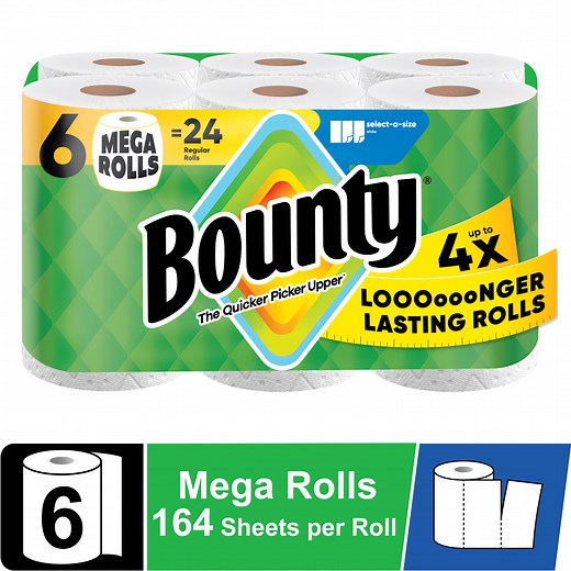 Bounty Paper Towels Select-A-Size White, 6 Mega Rolls, 164 Sheets per Roll