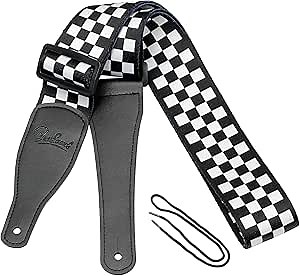 Guitar Strap, Bass Guitar Strap, Electric and Acoustic Guitar Straps - Durable Nylon Checkered Guitar Shoulder Strap with Leather Ends (Black and White Checkered)