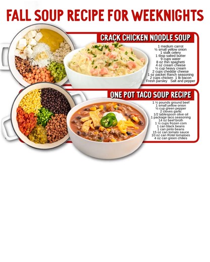 Weeknight dinner = solved with this cozy fall soup recipe 🍲❄️ Ingredients 🍲❄️ Crack Chicken Noodle Soup 1 tablespoon salted butter 1 medium carrot, diced into thin half slices (about ½ cup) 1 stalk celery, finely chopped (¼ cup) ½ small yellow onion, finely minced (about ¼ cup) 9 cups water 8 ounces thin spaghetti, vermicelli or angel hair pasta 4 ounces cream cheese, cut into chunks ½ cup heavy cream 2 cups cheddar cheese 1 ounce Ranch seasoning 1 packet top ramen seasoning 2 cups rotisserie 