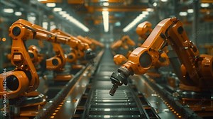 A series of orange robotic arms are actively engaged in a high-tech production line