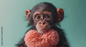 Cute monkey chimpanzee holding red heart. Pastel green background. Happy monkey for St. Valentine's Day party. Happy Valentine's Day 4k video funny
