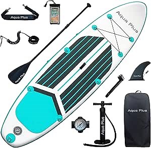 Aqua Plus 6inches Thick Inflatable SUP for All Skill Levels Stand Up Paddle Board,Paddle,Pump,ISUP Travel Backpack, Leash,Shoulder Strap,Youth,Adult Inflatable Paddle Board
