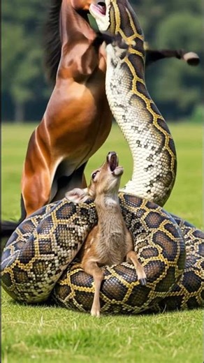 Brave Horse Fights Python with Powerful Kicks to Save Deer!