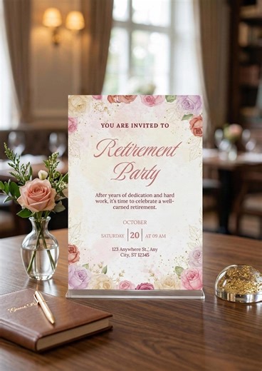 Retirement Party Invitation Template - Pink Rose Farewell Invite - Editable Canva Digital Download - Etsy