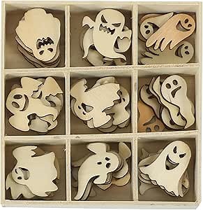 Ciieeo Halloween Wooden Chip Decorations 72 Pieces 4.5 Inch Wood Ghost Pumpkin DIY Craft Ornaments Festival Handiworks for Party Hanging Decor