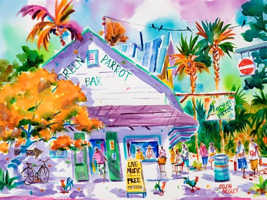Green Parrot Bar Key West, Key West Art Print, Key West Gift, Key West Canvas Art, Key West Chicken Art, Ellen Negley Watercolors - Etsy