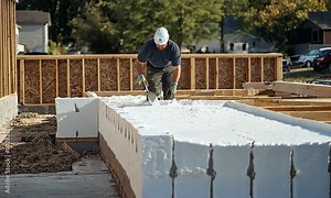 A worker installs insulation blocks on a construction site for building foundations.