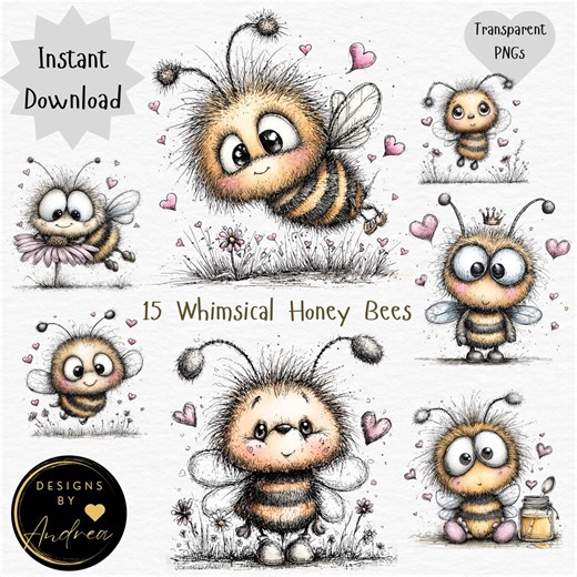 15 Whimsical Honey Bees PNG Clipart Set | Transparent Background | Instant Download - Etsy