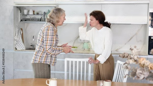 Angry old and middle-aged women quarreling aggressively to each other standing at the kitchen table