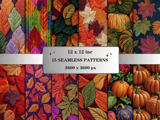 Embroidered Fall Seamless Patterns: Autumn Leaves Digital Paper Pack With Pumpkins, Leaves & Stitched Textures - Etsy