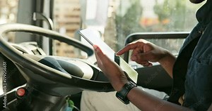 Black man, truck and hands on tablet for delivery schedule, courier app and logistics management with dispatch system. Person and digital technology for tracking or online updates and distribution.