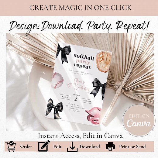 Softball Birthday Invitation, Editable Canva Template, Teen Girl Sports Birthday Invite, Printable Softball Party Invitation - Etsy