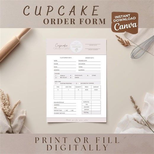 Cupcake Order Form for Bakeries | Editable Canva Template for Print or Digital Use - Etsy