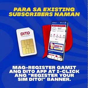 Mabilis at madali lang mag-register ng DITO SIM Card* mo, may 2GB Bonus Data** ka pa! Sundin lang ang steps kung paano! 👉 Para sa bagong subscribers, i-click lang ang link na makukuha pagka-insert ng SIM card sa mobile device. Para sa existing subscribers, mag-log in sa DITO APP at i-click ang "Register your SIM DITO" banner. 👉 Ilagay ang iyong personal information sa registration form. 👉 I-upload ang valid government-issued ID na may photo mo. 👉 Mag-selfie kasama ang iyong ID. 👉 I-click an