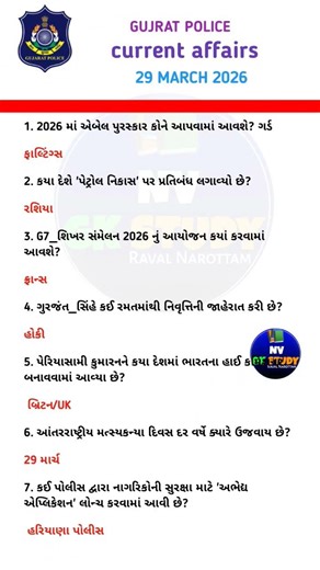 Gujarat Police Current Affairs 2026 | 29 March | Important GK Questions & Answers | Gujarati