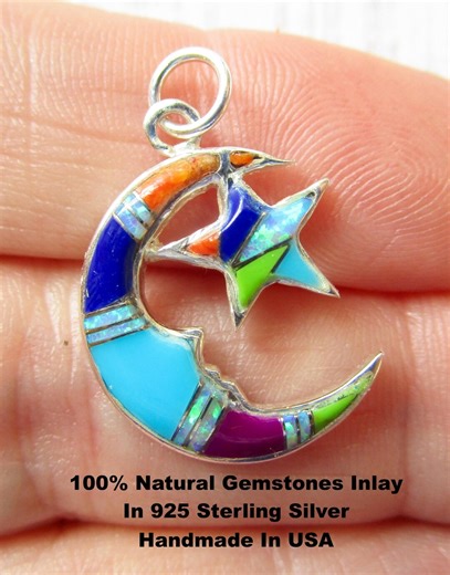 Celestial Crescent Moon Star 925 Silver Charm, Fiery Opal, Turquoise, Spiny Oyster Southwestern Inlay Rainbow Gemstone Pendant - Etsy