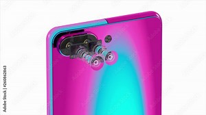 Mobile phone dual camera concept, two smartphone sensors, optical layout wide 16x9 format, 3D rendering, pearlescence of cameraphone body, isolated on white