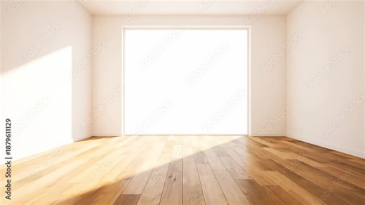 Empty Room with Hardwood Floor - A bright, empty room features a hardwood floor and white walls, illuminated by natural light streaming in from a large window.