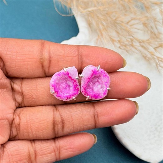 Pink Druzy Stud Earrings • 925 Sterling Silver Natural Quartz Geode Earrings • Raw Crystal Statement Jewelry Gift for Her - Etsy