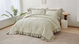 Beige Seersucker Comforter Set Full Ruffled Bed Sets 5 Pieces Ruffle Bed in A Bag with Sheets Soft Shabby Chic Boho Bedding Set for Women(Beige, Full)