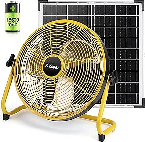 12" Solar Rechargeable Floor Fan for Outdoor, 22500mAh Battery Operated Fan with 35W Solar Panel Powered for Patio Gazebo Camping, 360° Tilt (18.3 ft/s Airflow)