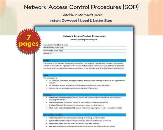 Network Access Control Procedures SOP Editable and Printable Template, IT and Data Security Standard Operating Procedure, Network Admin - Etsy