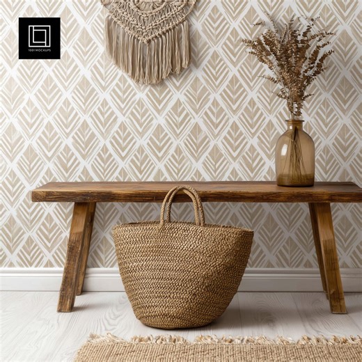 Wallpaper Mockup PSD PNG JPG | Rustic Interior Wall With Wooden Bench, Woven Bag and Dried Flowers | Interior Scene for Photoshop & Canva - Etsy