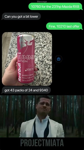 ProjectMiata on Instagram: "The Mazda RX-8 (2003–2012) features the Renesis 1.3L twin-rotor engine, delivering 231 HP in the sporty RWD chassis. It’s celebrated for high-revving performance, lightweight handling, and drift-friendly dynamics. Trading a rotary-powered sports car for an energy drink highlights the absurdity and humor of the “Damn It’s a Good Deal” meme. The RX-8 remains a modern rotary icon, combining precise handling, spirited driving, and JDM culture legacy. Even as a joke, the s