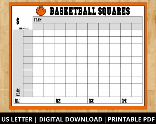 Printable Basketball Squares Game, Basketball Pool Grid, 100 Squares, Madness Squares Grid - Etsy