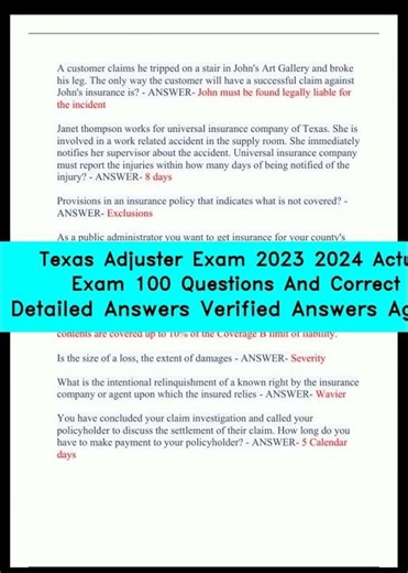 Texas Adjuster Exam 2023 2024 Actual Exam 100 Questions And Correct Detailed Answers Verified Answer