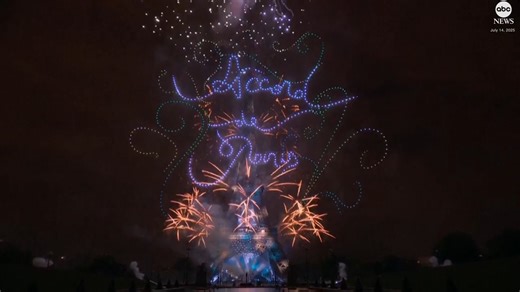 37K views · 489 reactions | A drone and firework show lights up the Eiffel Tower in Paris, France during Bastille Day celebrations. Read more: https://abcnews.visitlink.me/k5fq2- | ABC News | Facebook