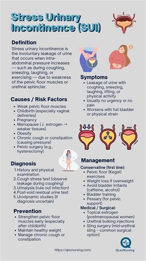 💧 Stress Urinary Incontinence (SUI) is common and occurs with pressure-related activities like coughing or laughing due to weak pelvic floor muscles. ✅ Causes: Childbirth, menopause, obesity, pelvic surgery ✅ Treatment: Kegel exercises, weight loss, avoiding bladder irritants, surgery if needed #nursingeducation #stressincontinence #pelvichealth #qlexnursing #nursingstudent #womenshealth #incontinence #rn #lpn #atiteas #nursingexams #nclexprep #StudyGram | QLexNursing