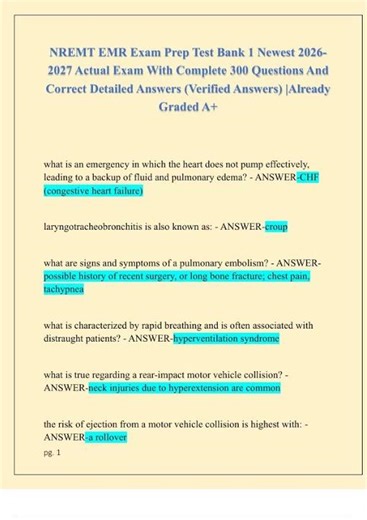 NREMT EMR Exam Prep Test Bank 1 Newest 2026 2027 Actual Exam With Complete 300 Questions And Correct