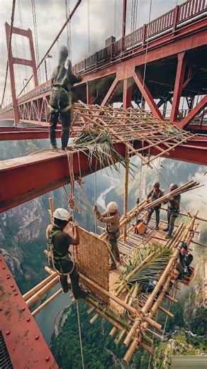 Building a Suspended Bamboo House Beneath a Giant Bridge‼️🏗️🌉🎋🏔️☁️🧗🏕️🌍.. #BambooArchitectur