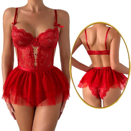 Two Pieces Valentines Lingerie Sets Perfect Women Red Lace Teddy Bodysuit Lingerie With Skirt Bow
