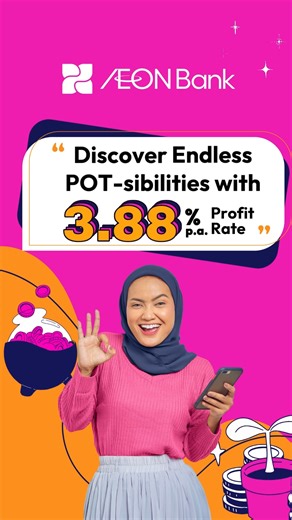 Saving for your goals just got a whole lot easier with AEON Bank. Create and personalize your very own Savings Pots with zero limits, no lock-in periods, and absolutely no hassle. 💪✨ Set up as many Savings Pots as your heart desires and enjoy a fantastic 3.88% p.a. profit rate. 🎉 Ready to achieve more Pot-sibilities? Jom start saving! 💰🚀 #AEONBank #BankEasy #SenangJer | AEON Bank