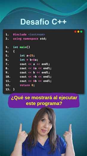 👉 Desafío con punteros. ¿Sabes cómo funcionan los operadores * y & en C ? (♻️ Re-Post) Ver en el blog: https://patriciaemiguel.com/desafios/c /2019/09/07/desafio-cpp-3.html #programadores #programación #algoritmos