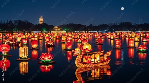 Traditional Chinese lanterns floating on water with a dragon boat under a full moon at night