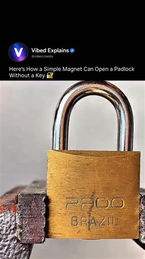 Vibed Explains on Instagram: "THIS LOCK WASN’T BROKEN — IT WAS UNDERSTOOD 🧲🔐 Some low-complexity padlocks rely on spring-loaded internal pins made from ferromagnetic metals. When a strong magnet is placed on the lock, magnetic force pulls those pins upward — mimicking what the correct key would normally do. No cutting. No picking. No damage. Just physics interacting with design choices. This is why modern security systems moved toward non-magnetic materials, tighter tolerances, and multi-stage