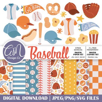 Baseball Seamless Pattern, Digital Paper, Clipart Bundle, Spring Sports, Go Team