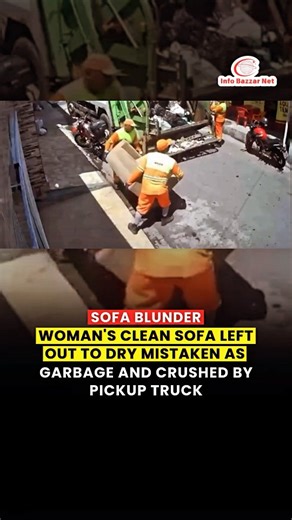 Info Bazzar Net on Instagram: "A hilariously unfortunate video has taken over social media, leaving viewers in splits. The clip shows a woman washing her sofa outside her roadside house and leaving it in the sun to dry before going inside. Moments later, a garbage pickup truck arrives, and the collectors, mistaking the clean sofa for trash, lift it and throw it into the truck where it gets crushed by the machine fitted inside. When the woman later notices the sofa missing, she checks the CCTV fo