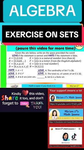 Exercise on Sets: Joint Sets, Disjoint Sets, Equal Sets, Equivalent Sets